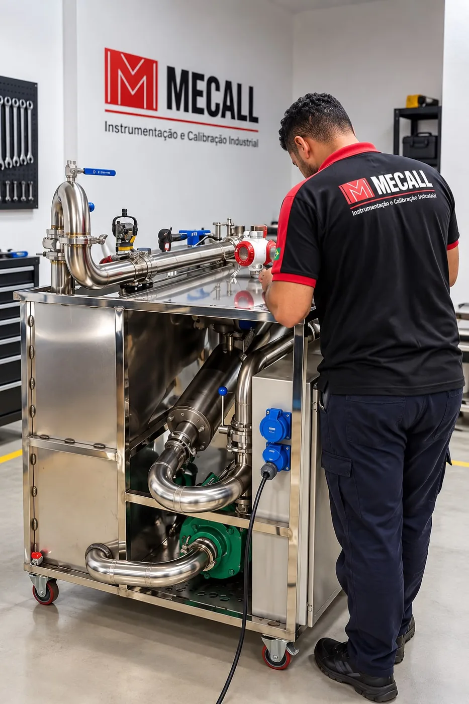 Técnico Mecall operando o skid móvel de calibração de medidores de vazão
